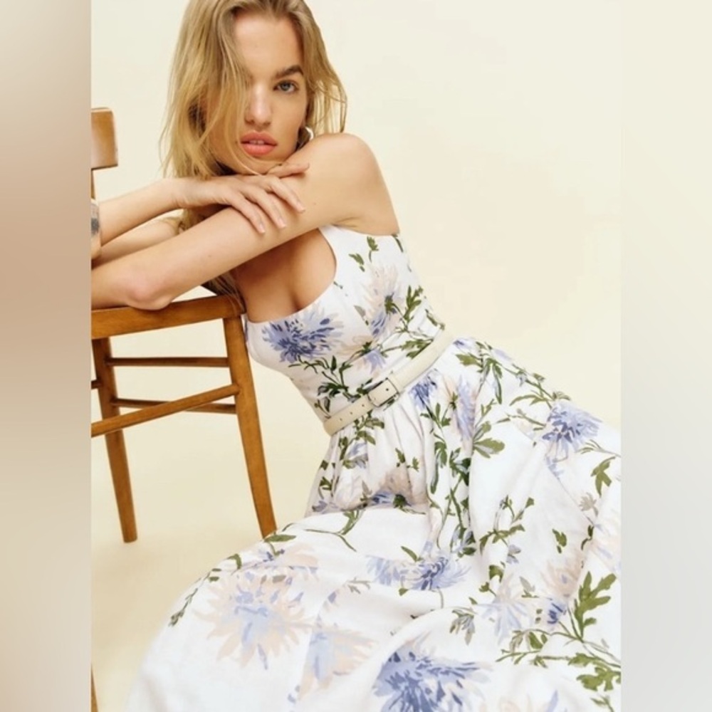 New Reformation Janu Linen Midi Dress - Serenity Blue White Floral size 4